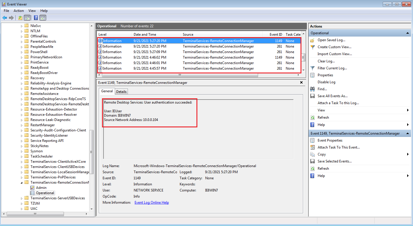 図7：イベントビューアーの閲覧結果-2（RDP-接続先ホスト）
