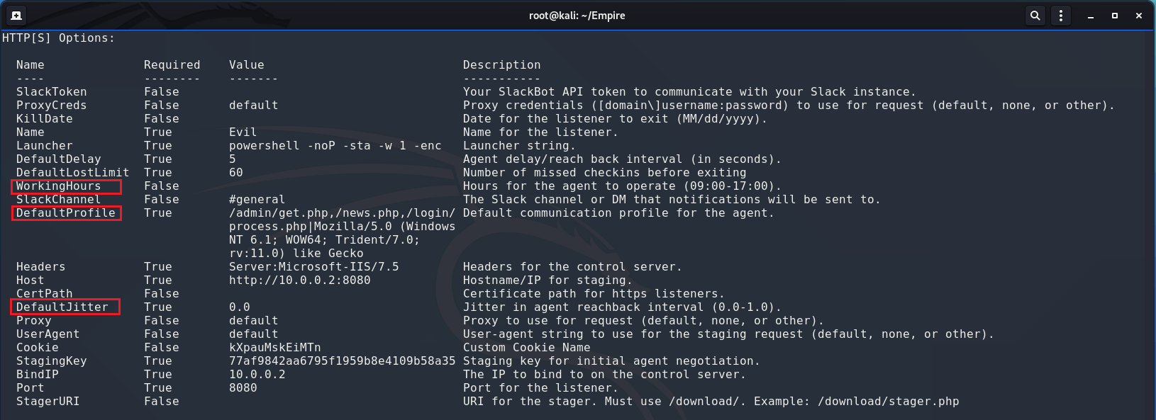 図8：ペネトレーションテストツールのオプション設定（画面はPowerShell Empire）